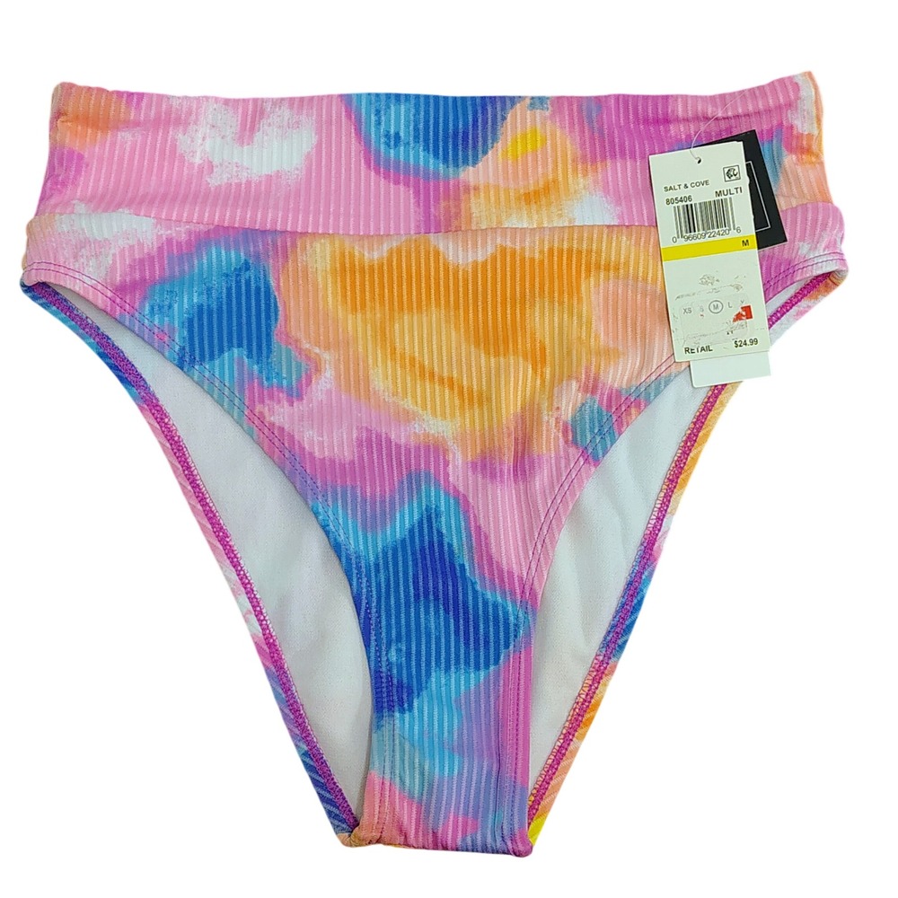 Salt + Cove Women High Waist Ribbed Bikini Bottom Multi Color Abstract Size M
